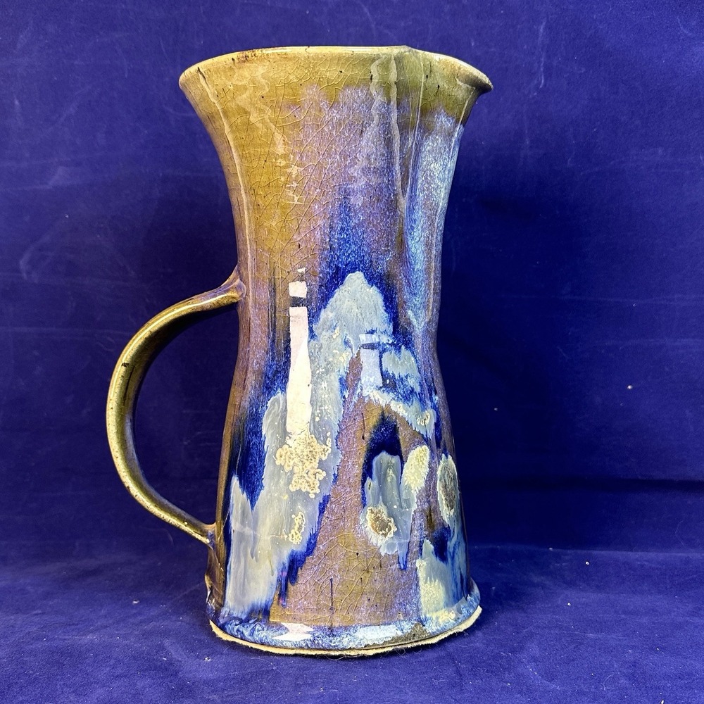 Vintage Handmade Studio Pottery Pitcher 9.5" Blue Brown Drip Glaze Art Pottery - Picture 3 of 8